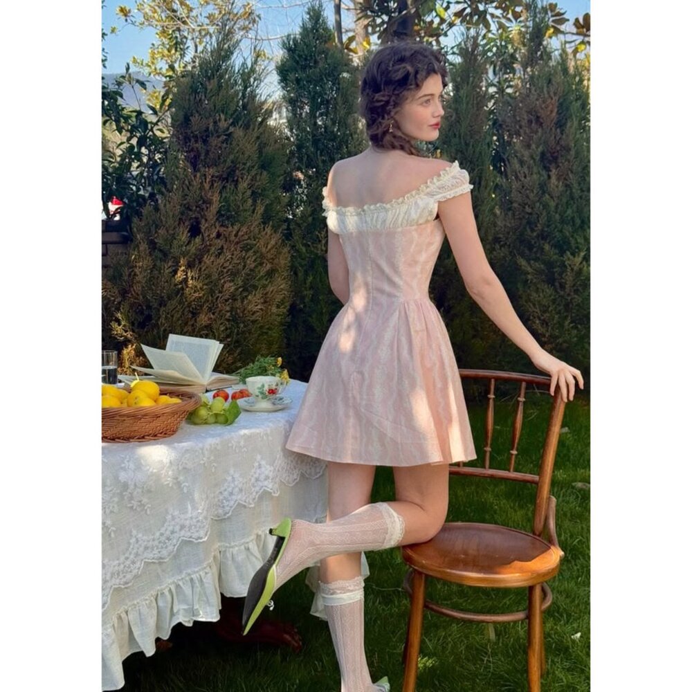 Romantic Off-Shoulder Pink Lace Tea Dress - Picture 5 of 12